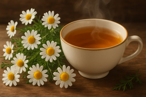 hojas de manzanilla llamativas a lado de una taza de té que se mira deliciosa 